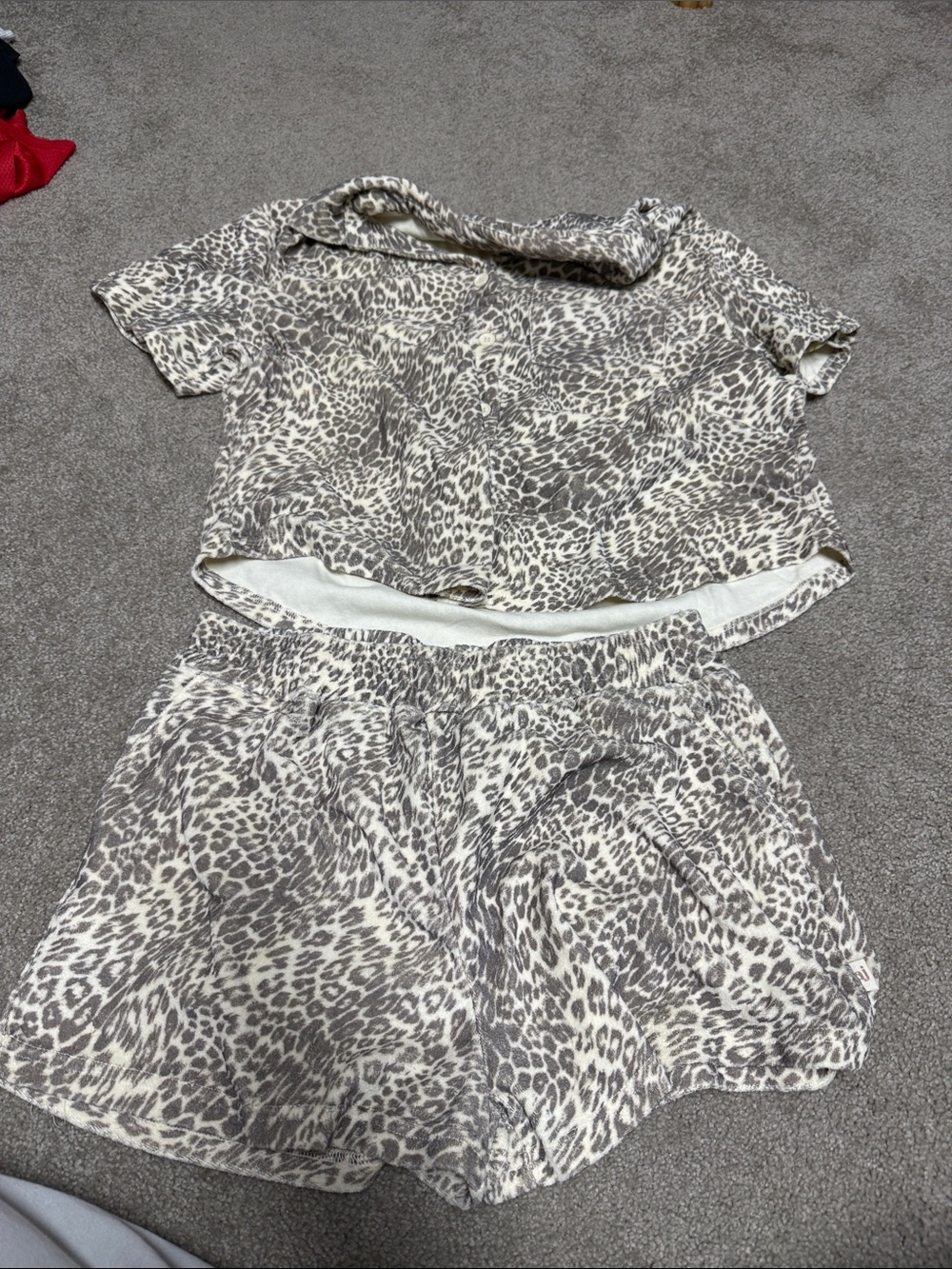 Leopard Print Short Sleeve Top & Shorts Set - Cream/Grey